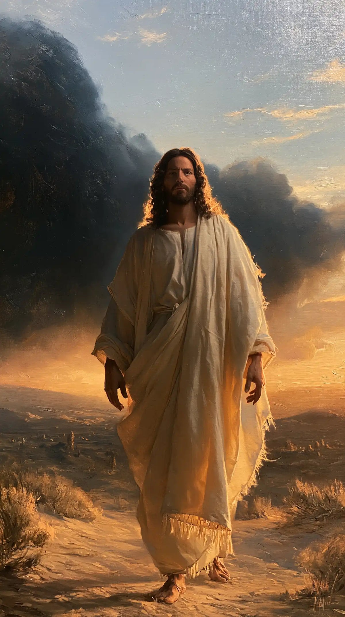 Jesus in the Desert — The White Path between Shadow and Warm Light