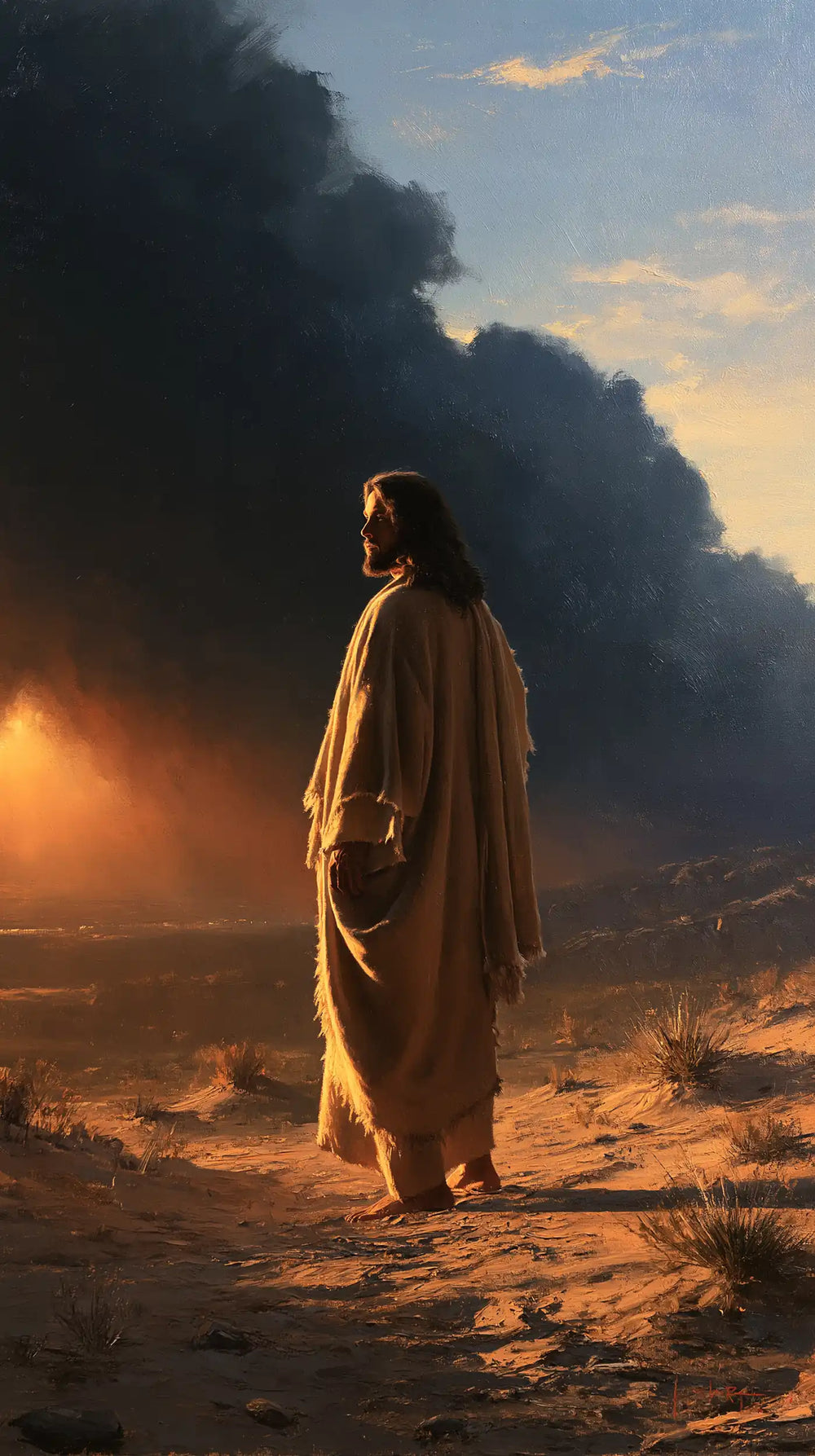 Jesus after his victory over temptation in the desert in Victory Over Temptation style, portrait Christian artwork no. 25