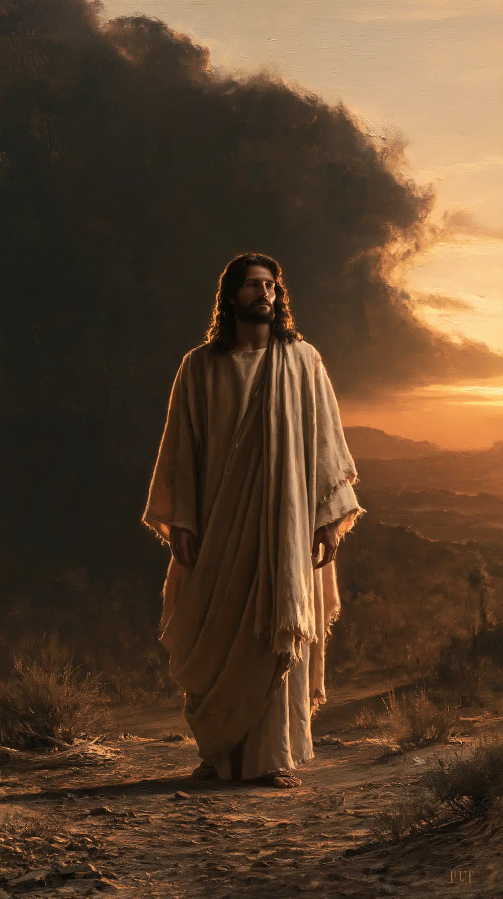 Jesus after his victory over temptation in the desert in Victory Over Temptation style, portrait Christian artwork no. 28