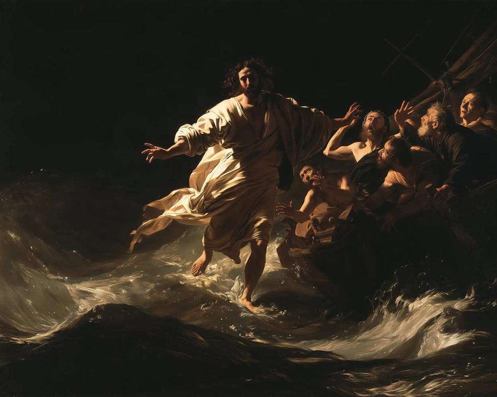 Jesus walking on water in Caravaggio Tenebrism style, landscape Christian artwork no. 6