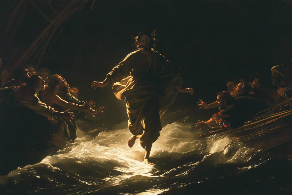 Jesus walking on water in Caravaggio Tenebrism style, landscape Christian artwork no. 12