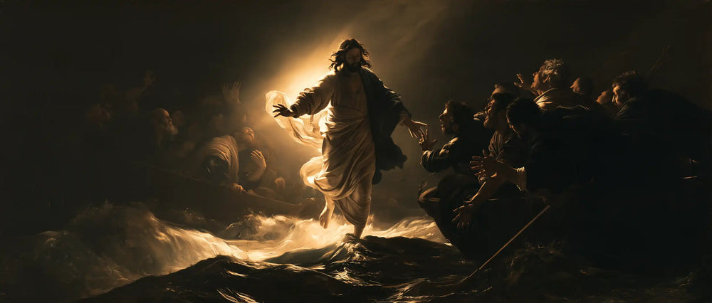 Jesus walking on water in Caravaggio Tenebrism style, landscape Christian artwork no. 16