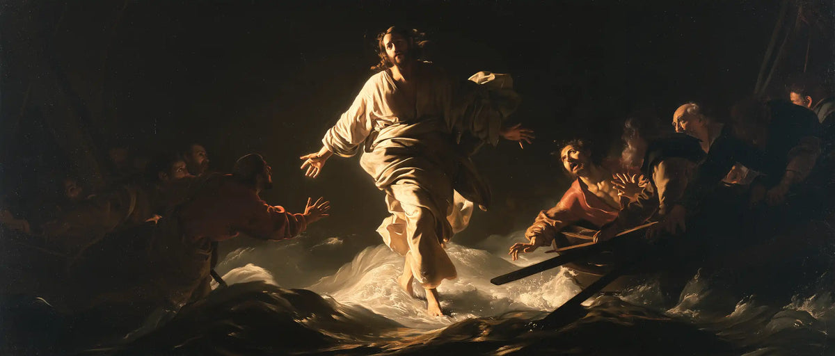 Jesus walking on water in Caravaggio Tenebrism style, landscape Christian artwork no. 21