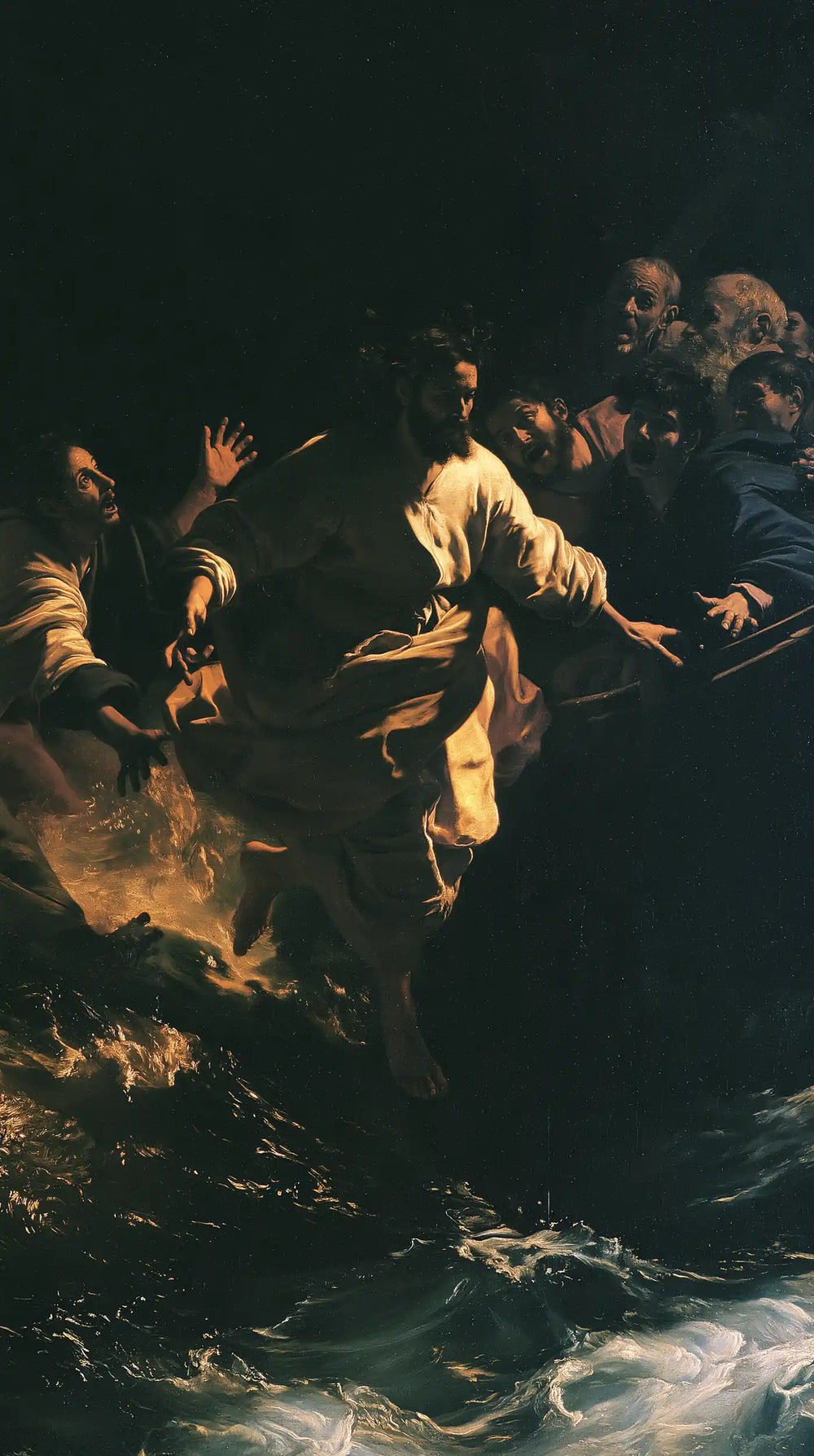Jesus walking on water in Caravaggio Tenebrism style, portrait Christian artwork no. 2