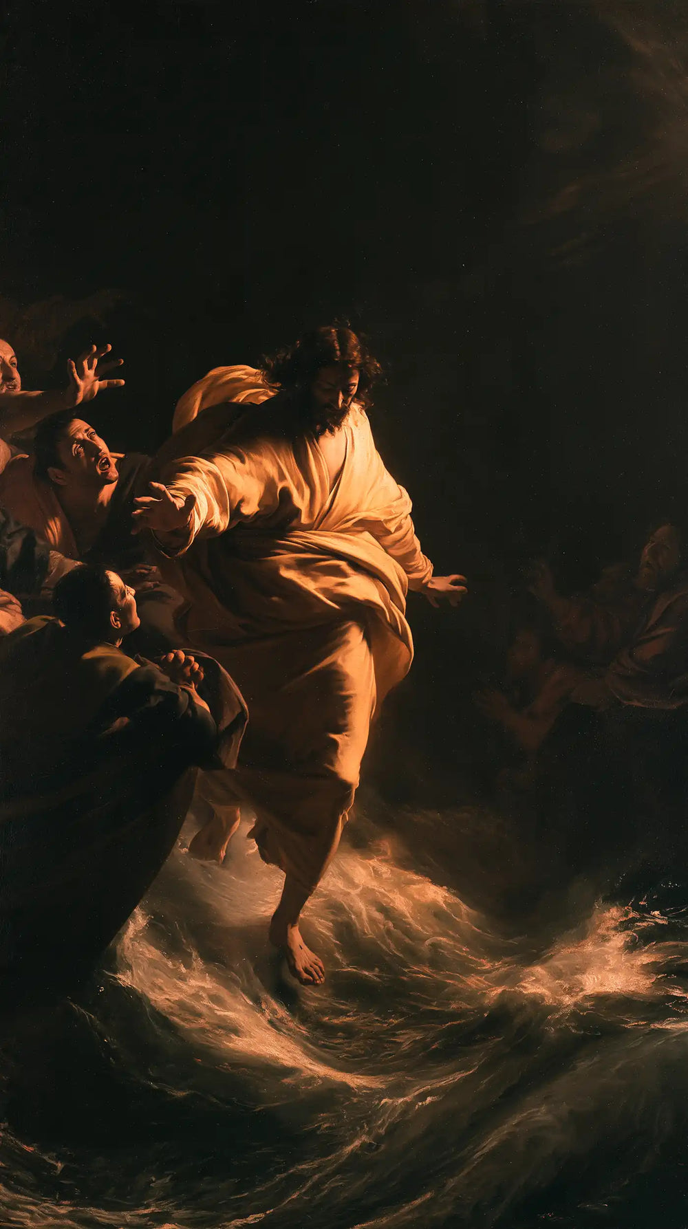 Jesus walking on water in Caravaggio Tenebrism style, portrait Christian artwork no. 4