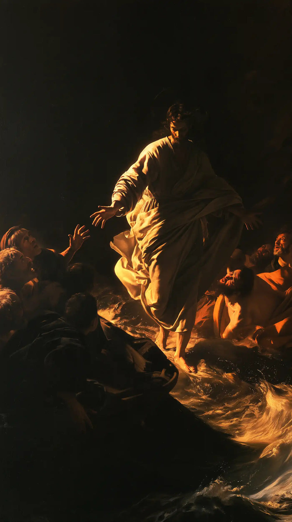 Jesus walking on water in Caravaggio Tenebrism style, portrait Christian artwork no. 5