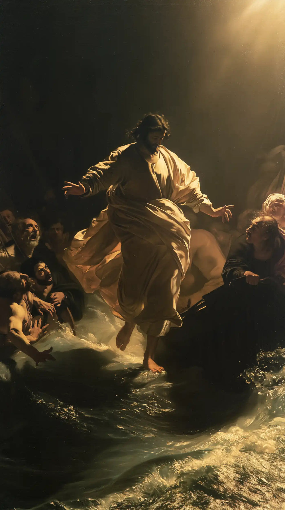 Jesus walking on water in Caravaggio Tenebrism style, portrait Christian artwork no. 7