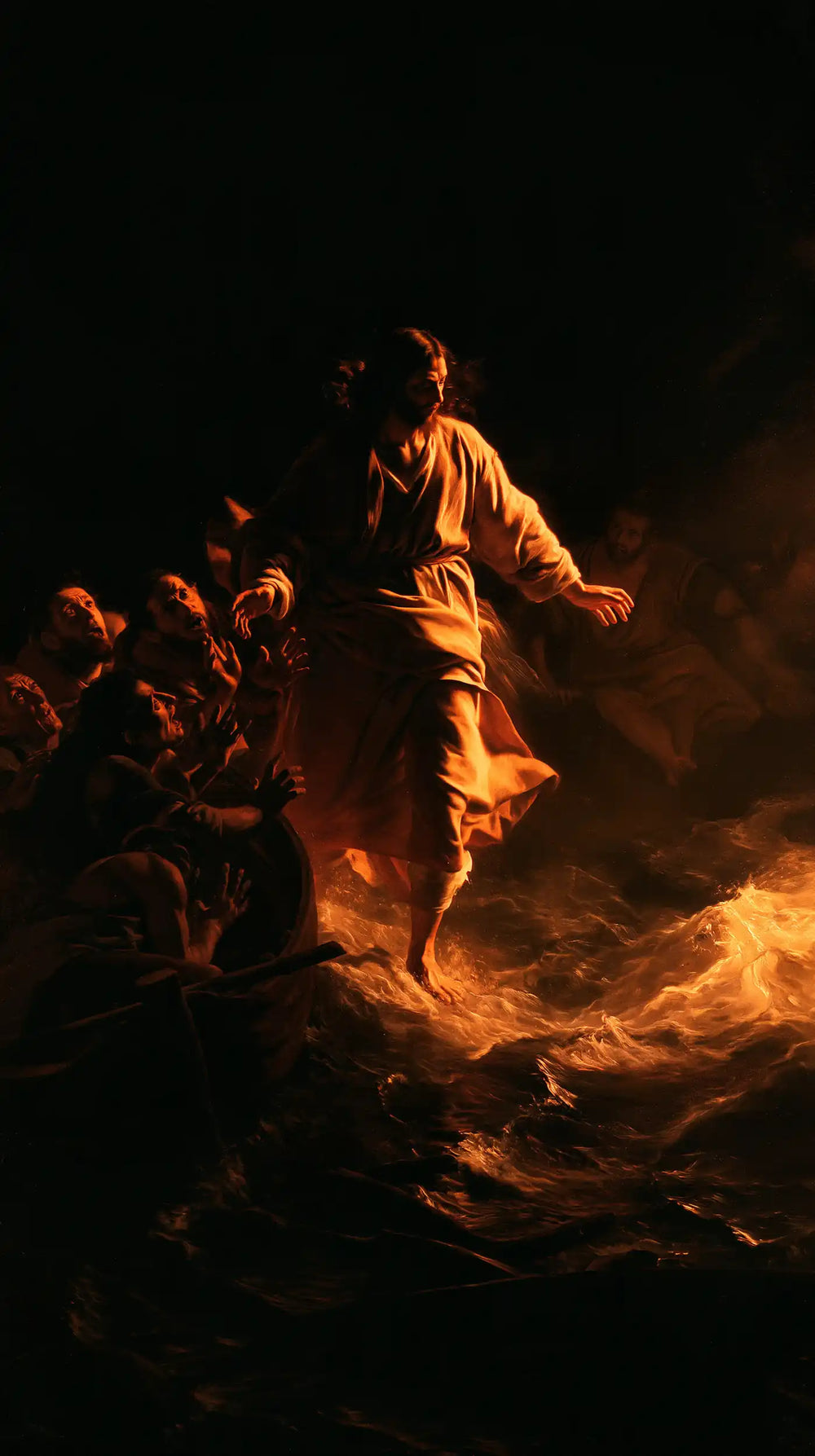 Jesus walking on water in Caravaggio Tenebrism style, portrait Christian artwork no. 9