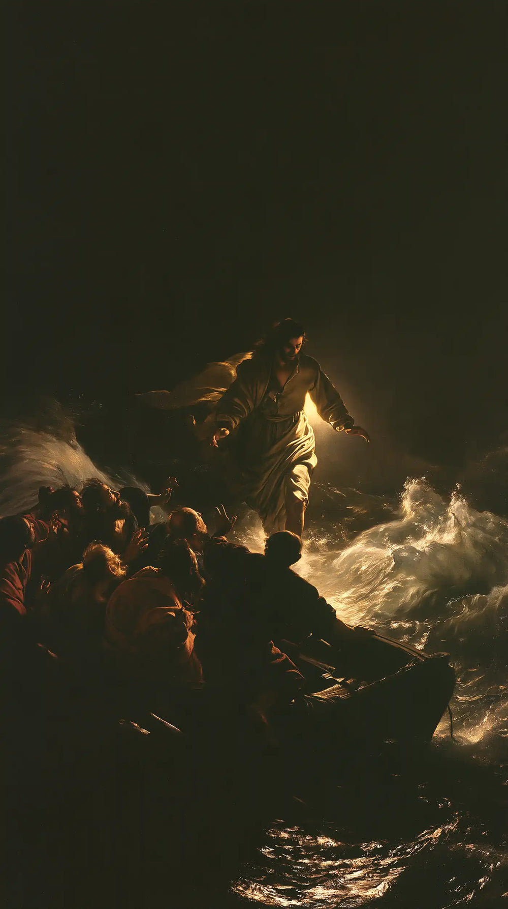 Jesus walking on water in Caravaggio Tenebrism style, portrait Christian artwork no. 13