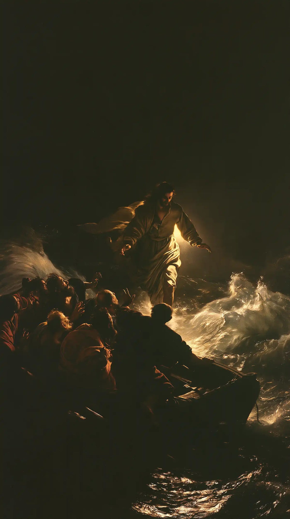 Jesus walking on water in Caravaggio Tenebrism style, portrait Christian artwork no. 13