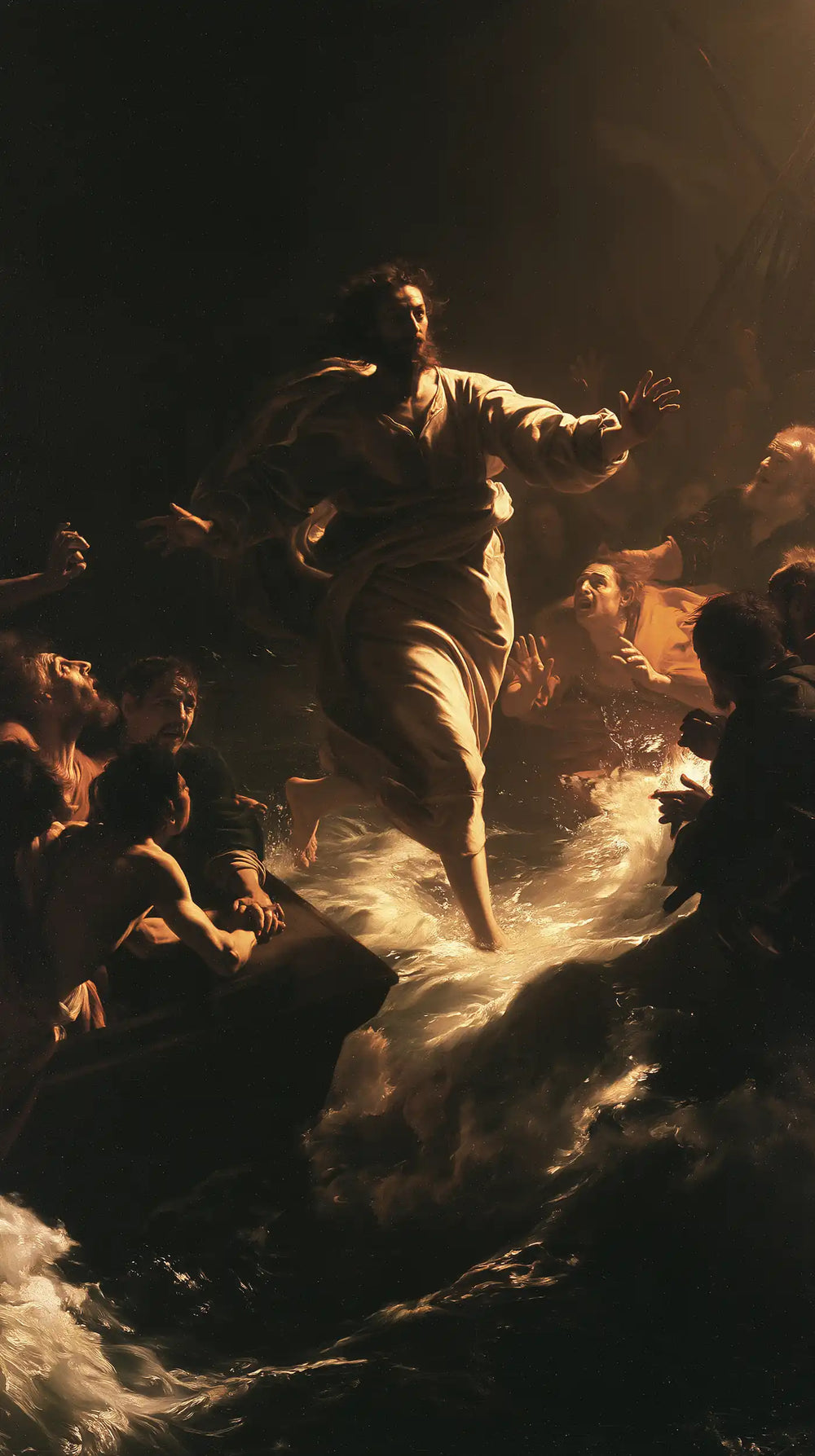 Jesus walking on water in Caravaggio Tenebrism style, portrait Christian artwork no. 20