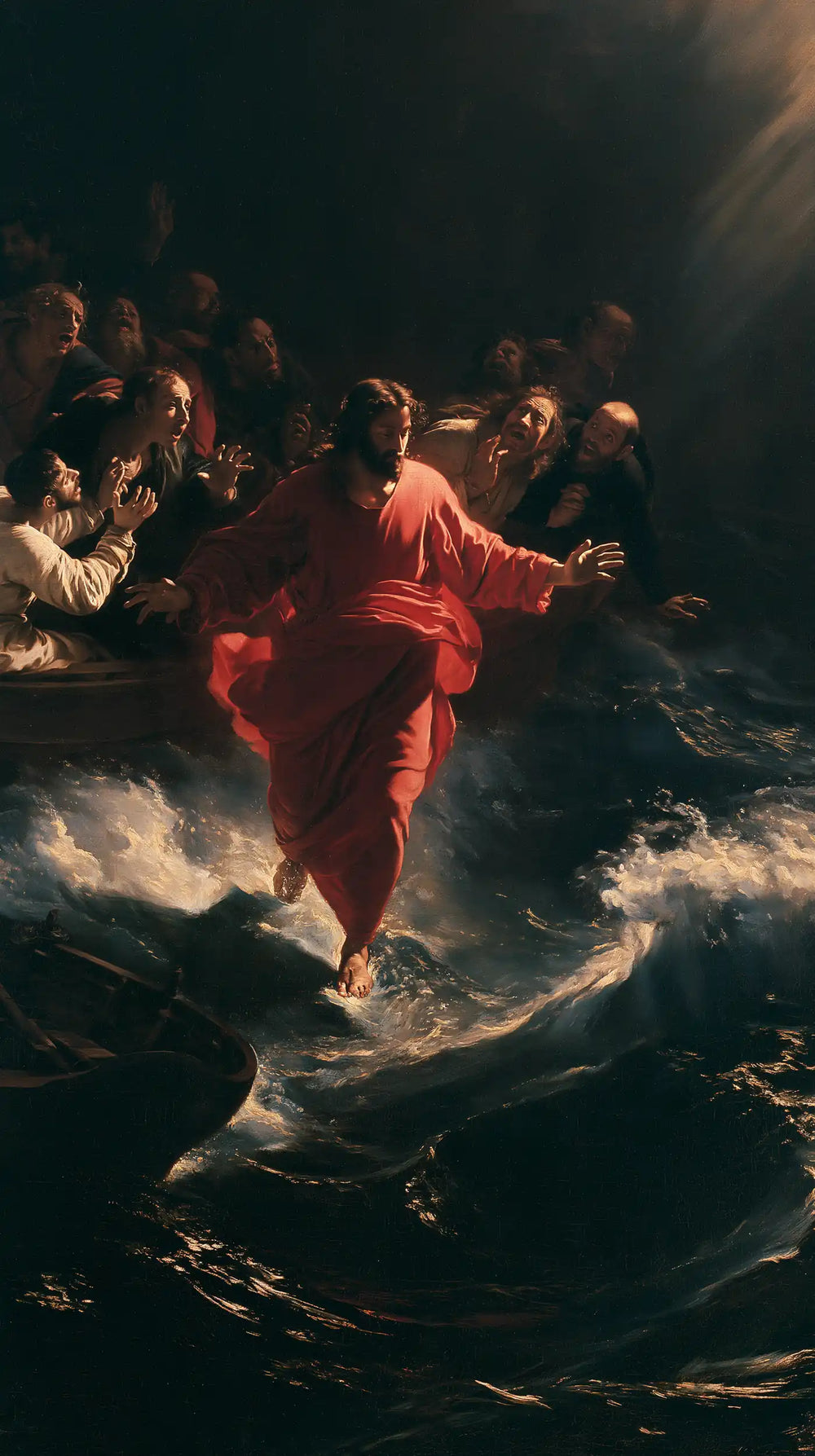 Jesus walking on water in Caravaggio Tenebrism style, portrait Christian artwork no. 21