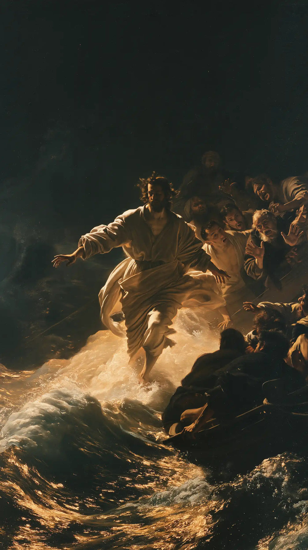 Jesus walking on water in Caravaggio Tenebrism style, portrait Christian artwork no. 27