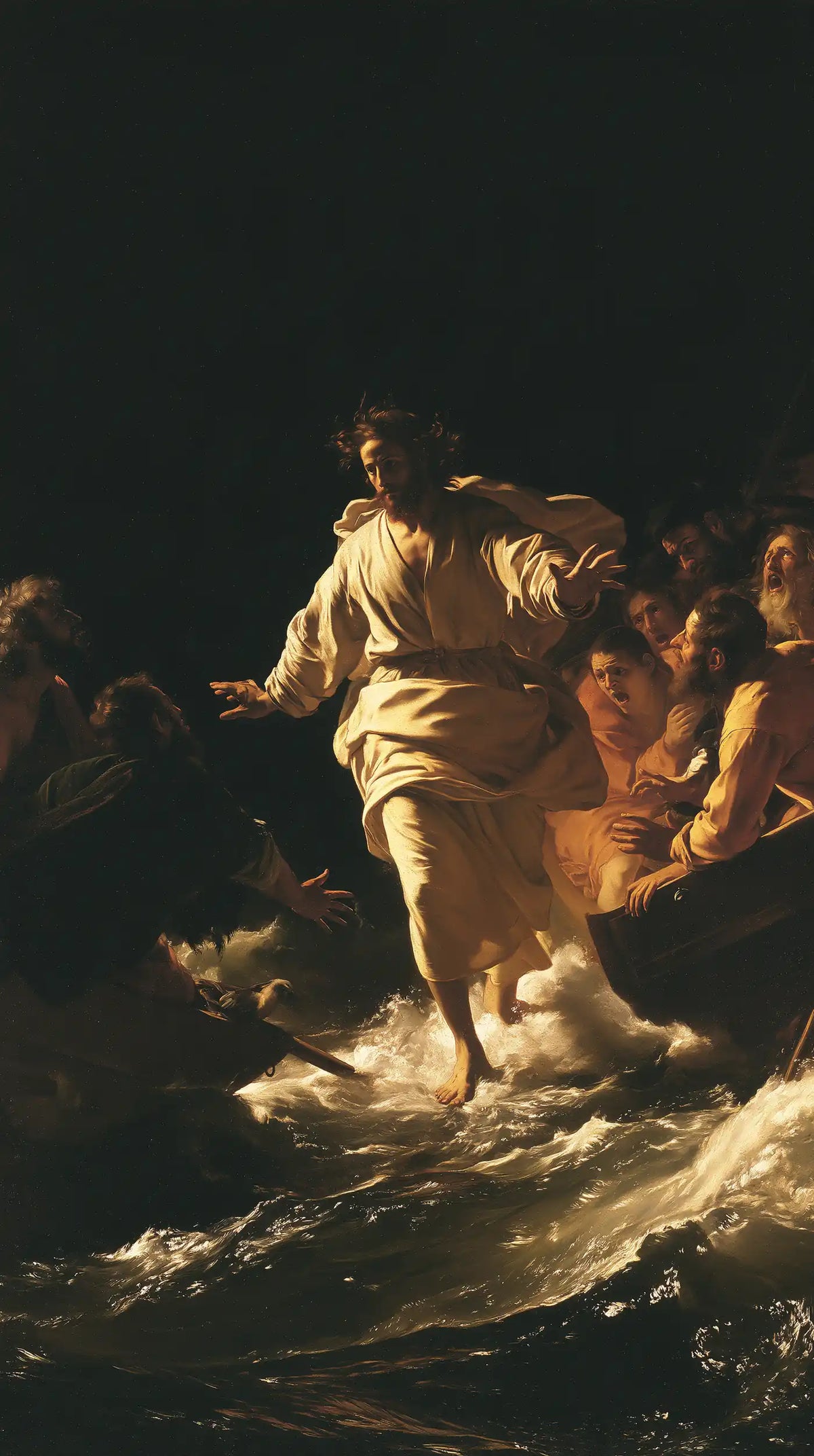 Jesus walking on water in Caravaggio Tenebrism style, portrait Christian artwork no. 29