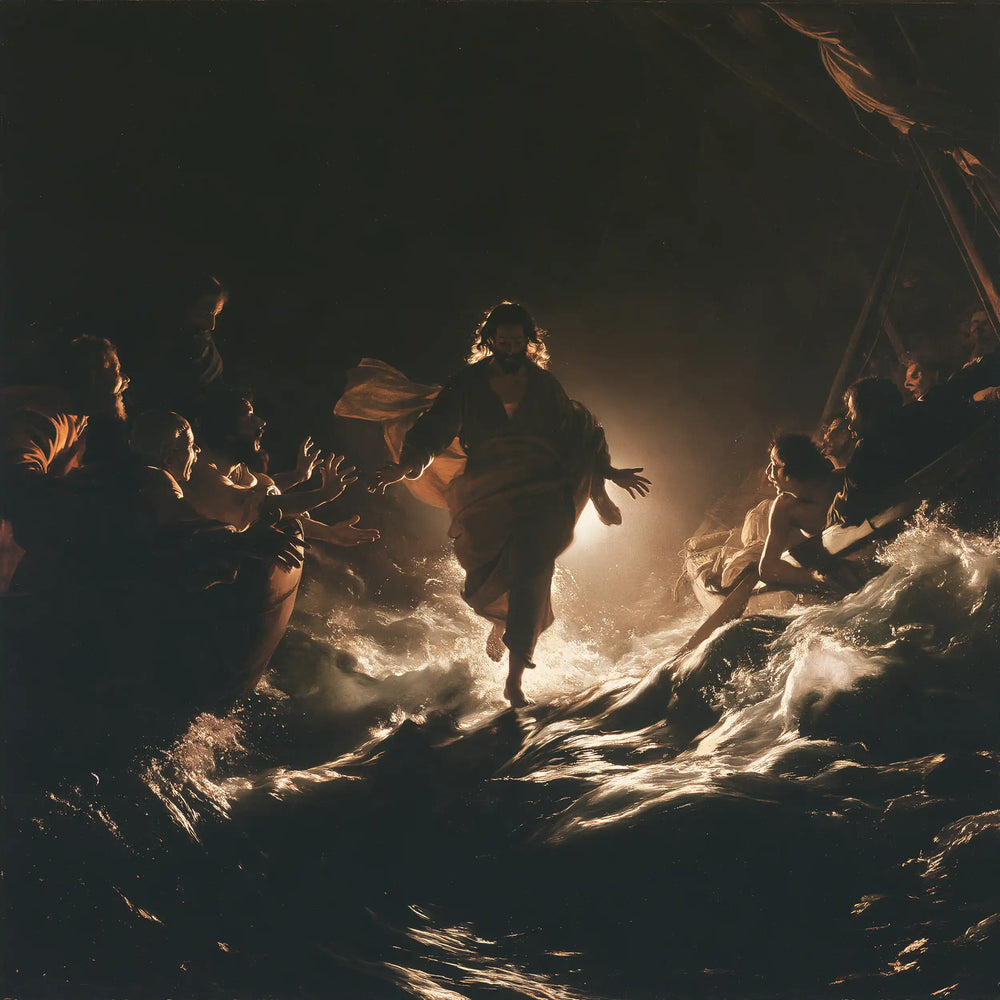Jesus walking on water in Caravaggio Tenebrism style, square Christian artwork no. 2