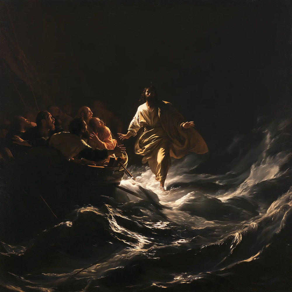 Jesus walking on water in Caravaggio Tenebrism style, square Christian artwork no. 4