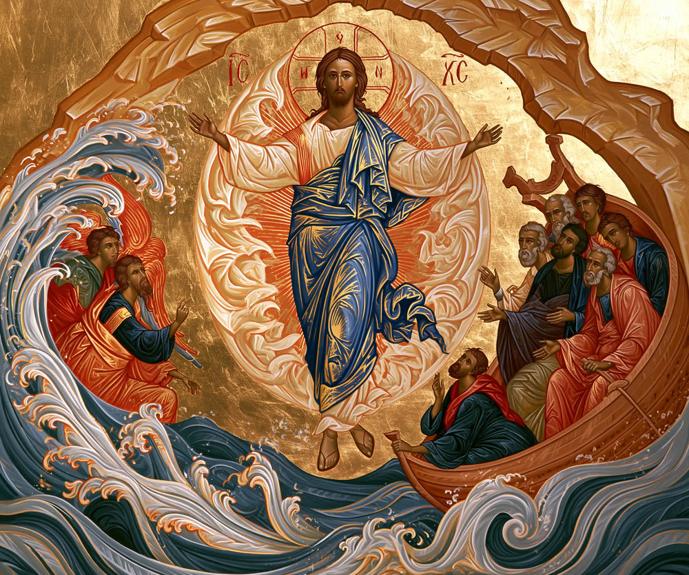 Jesus walking on water in Contemporary Byzantine style, landscape Christian artwork no. 1