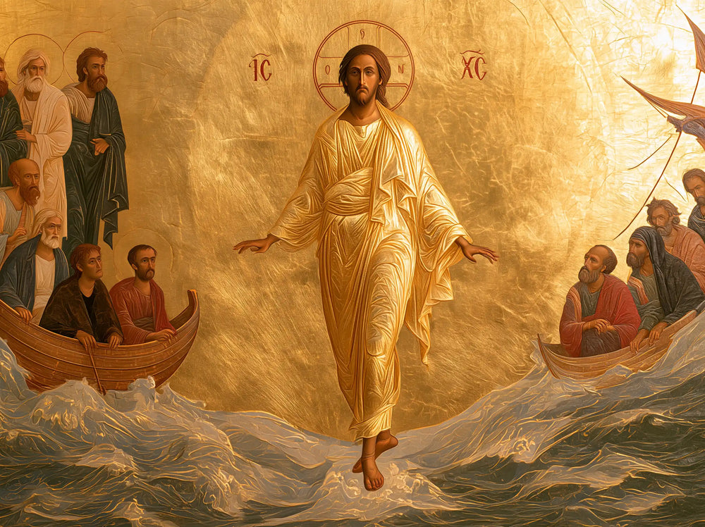 Jesus walking on water in Contemporary Byzantine style, landscape Christian artwork no. 3