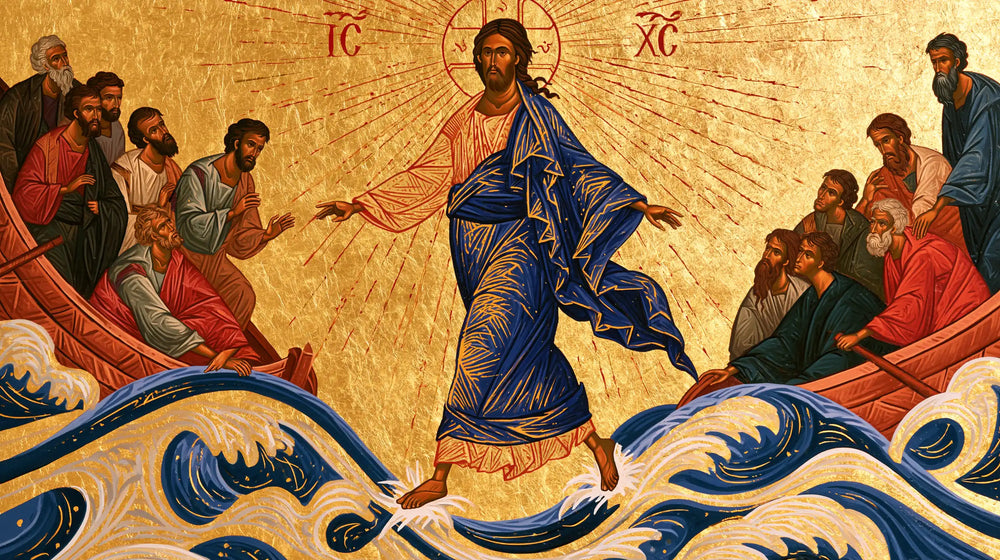 Jesus walking on water in Contemporary Byzantine style, landscape Christian artwork no. 9