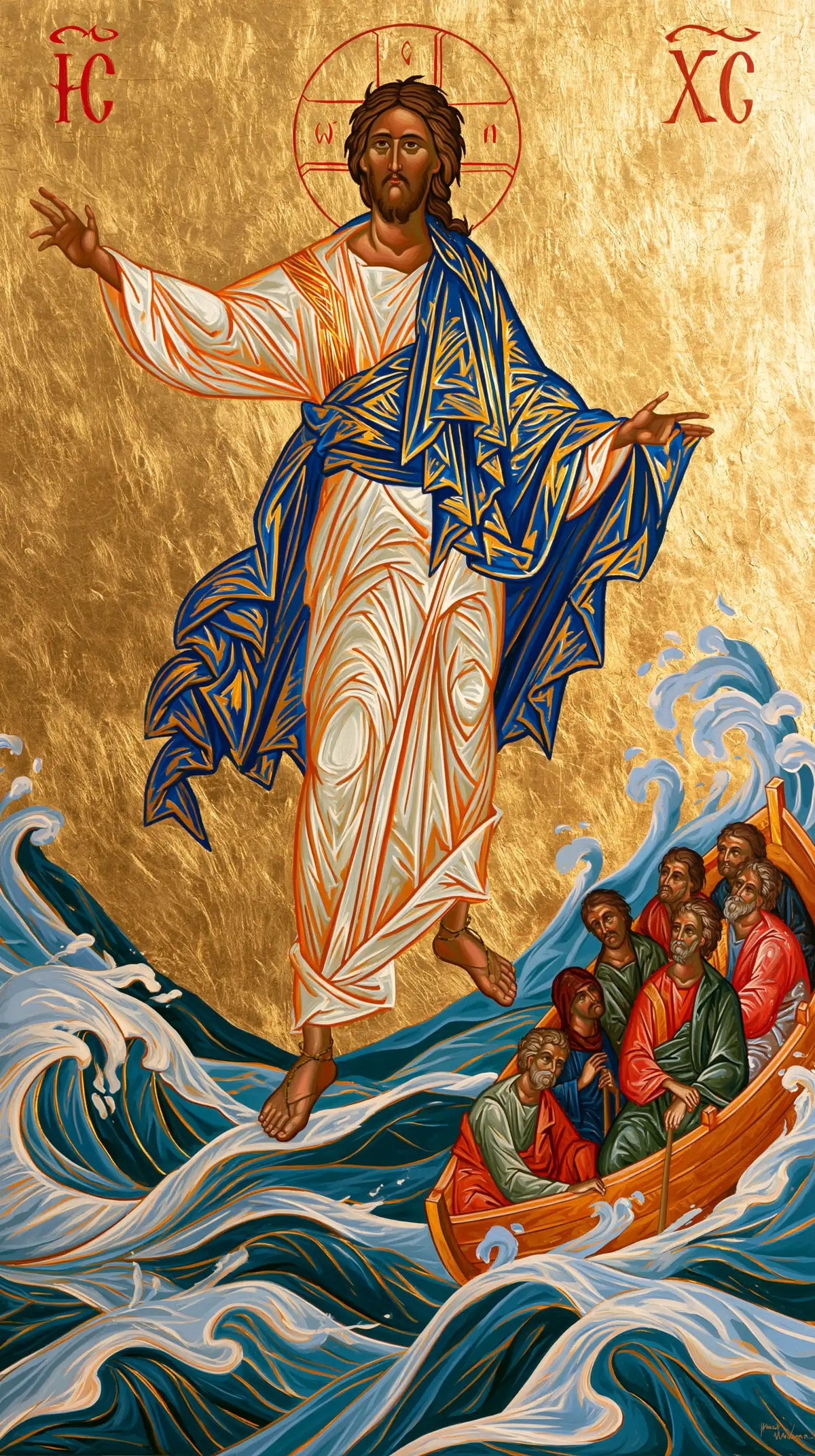 Jesus walking on water in Contemporary Byzantine style, portrait Christian artwork no. 9