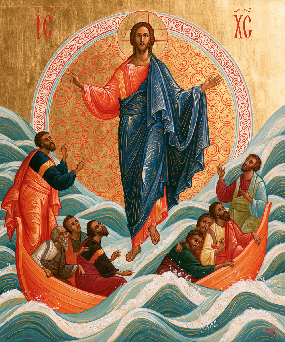 Jesus walking on water in Contemporary Byzantine style, portrait Christian artwork no. 31
