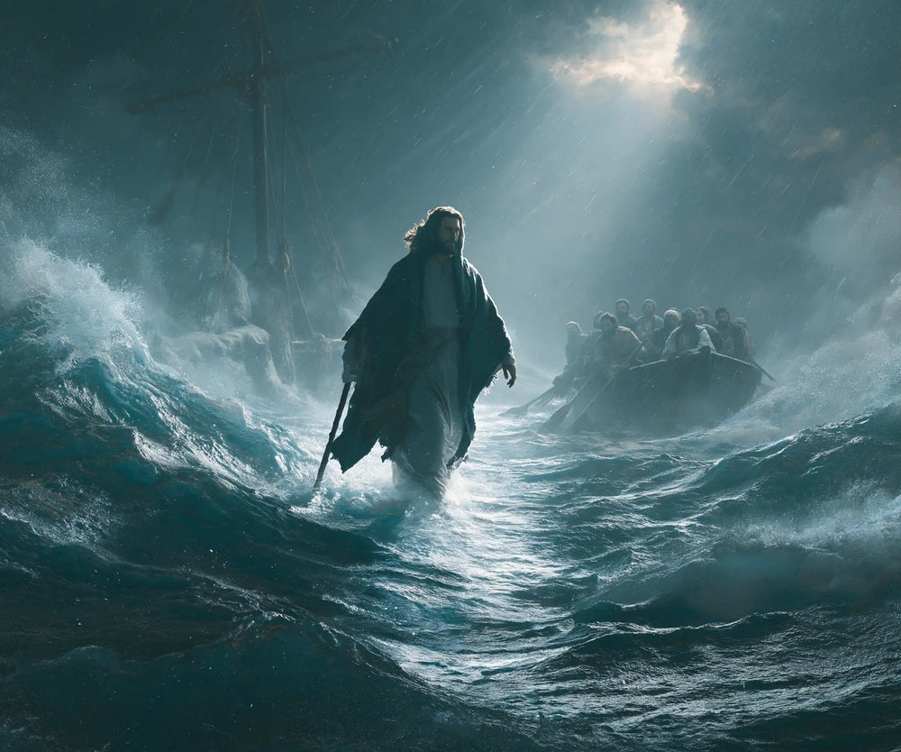 Jesus walking on water in Explosion of Movement style, landscape Christian artwork no. 2