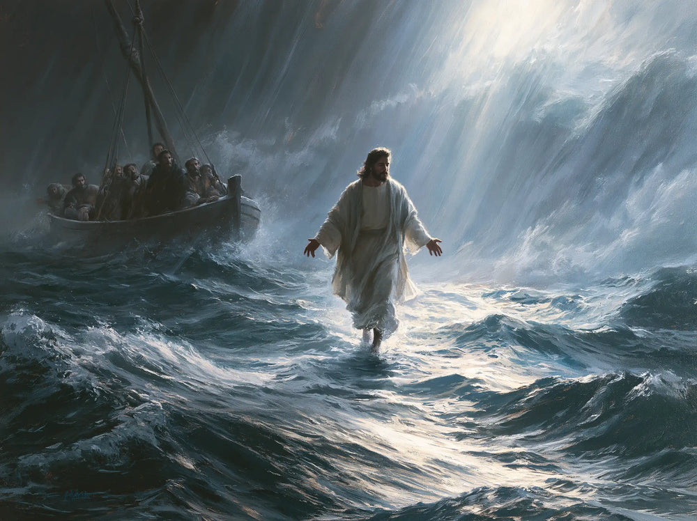 Jesus walking on water in Explosion of Movement style, landscape Christian artwork no. 6