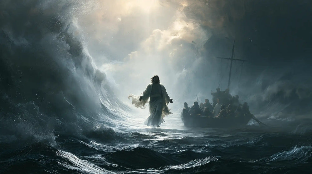 Jesus walking on water in Explosion of Movement style, landscape Christian artwork no. 11