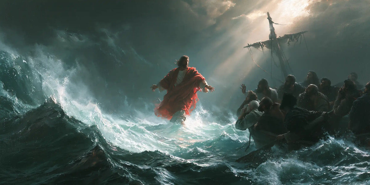 Jesus walking on water in Explosion of Movement style, landscape Christian artwork no. 19