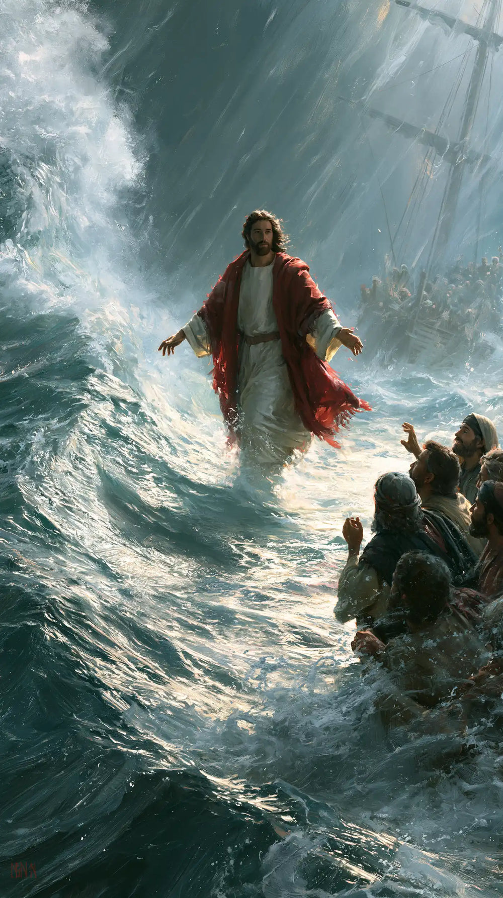 Jesus walking on water in Explosion of Movement style, portrait Christian artwork no. 1