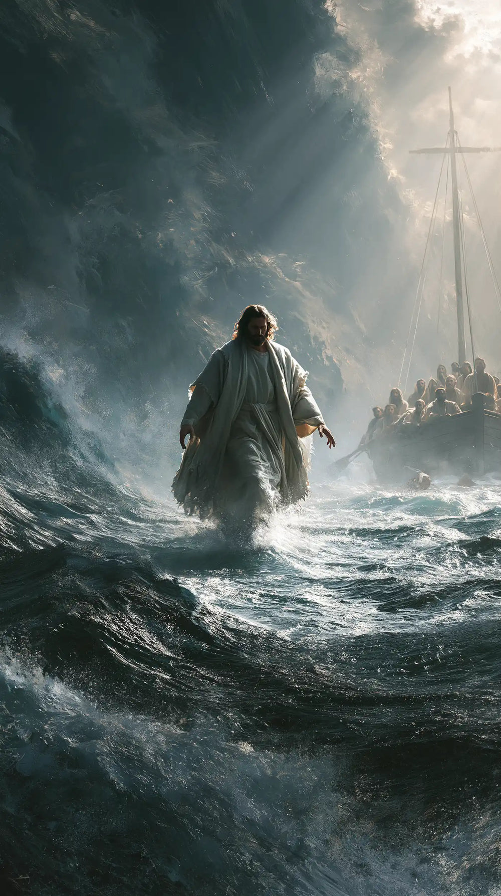 Jesus walking on water in Explosion of Movement style, portrait Christian artwork no. 3