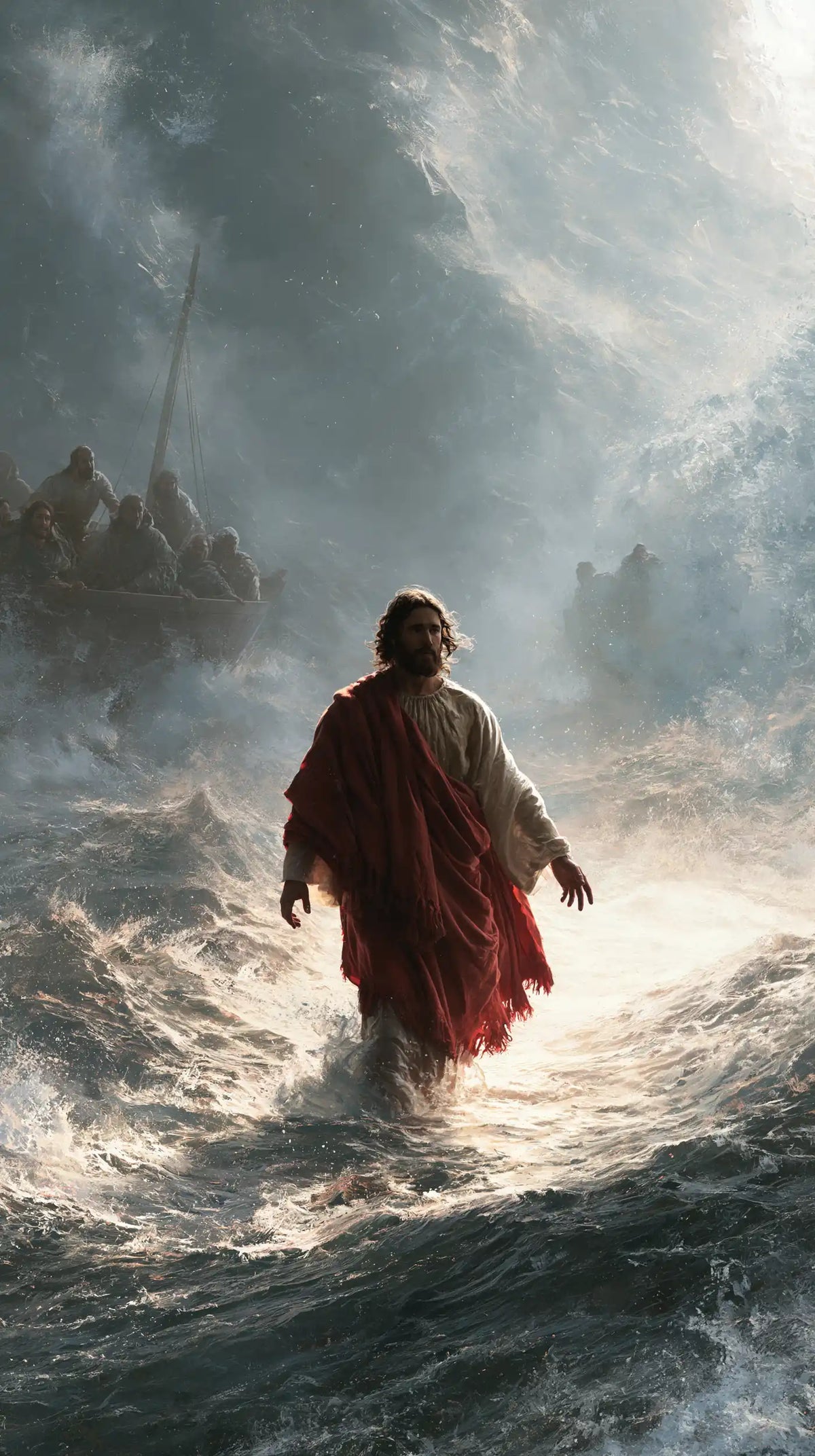 Jesus Walking on Water — Crimson amid Pearly Waters