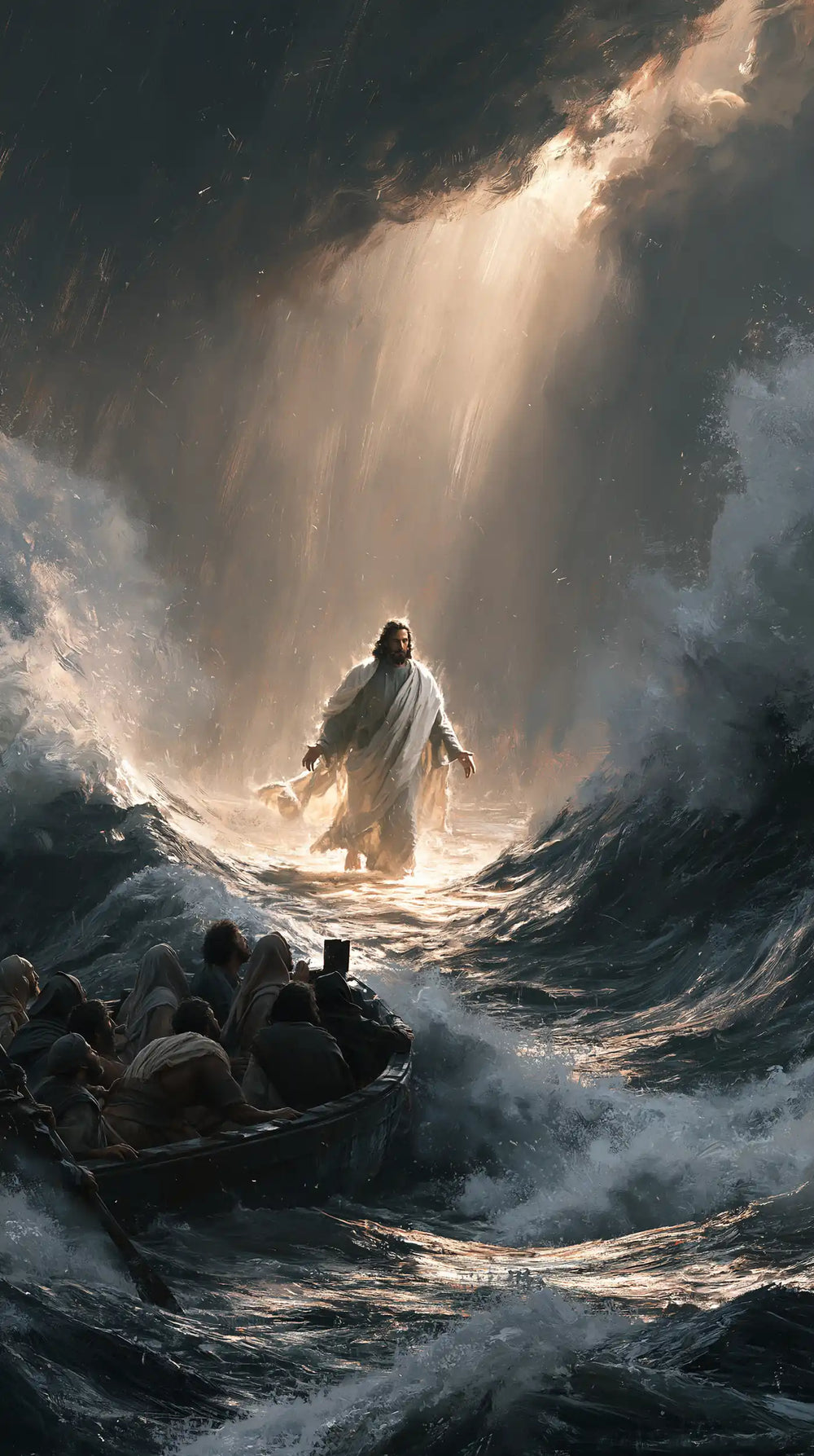 Jesus walking on water in Explosion of Movement style, portrait Christian artwork no. 11