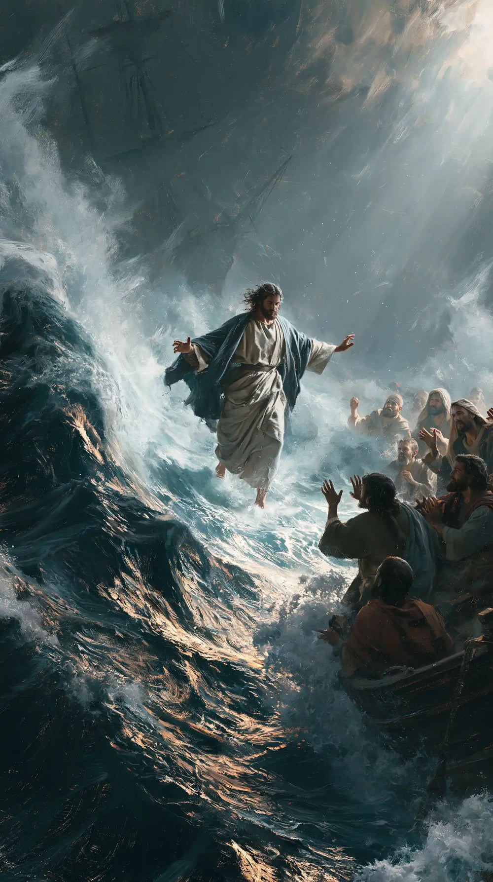 Jesus walking on water in Explosion of Movement style, portrait Christian artwork no. 22