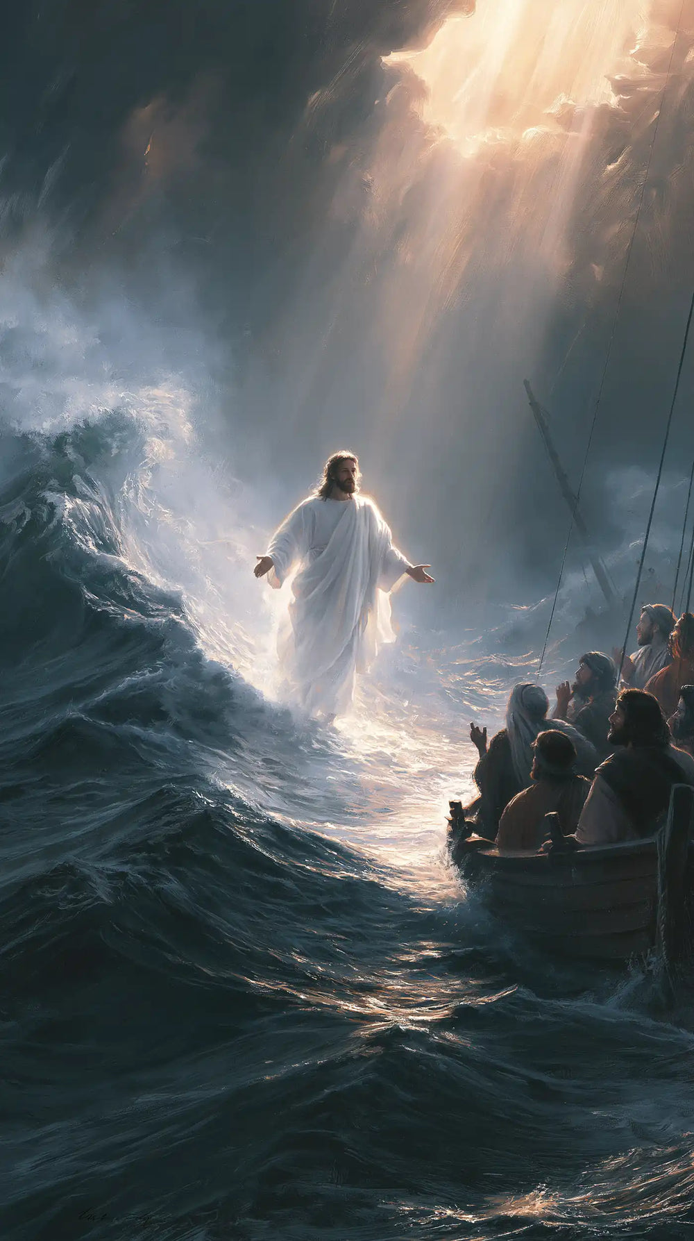Jesus walking on water in Explosion of Movement style, portrait Christian artwork no. 23