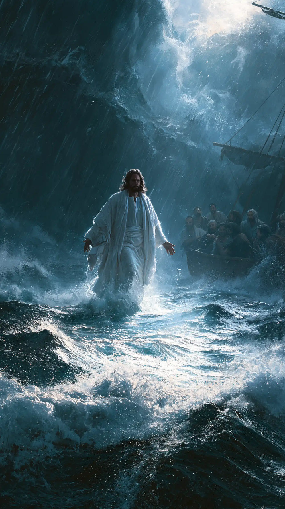 Jesus walking on water in Explosion of Movement style, portrait Christian artwork no. 24