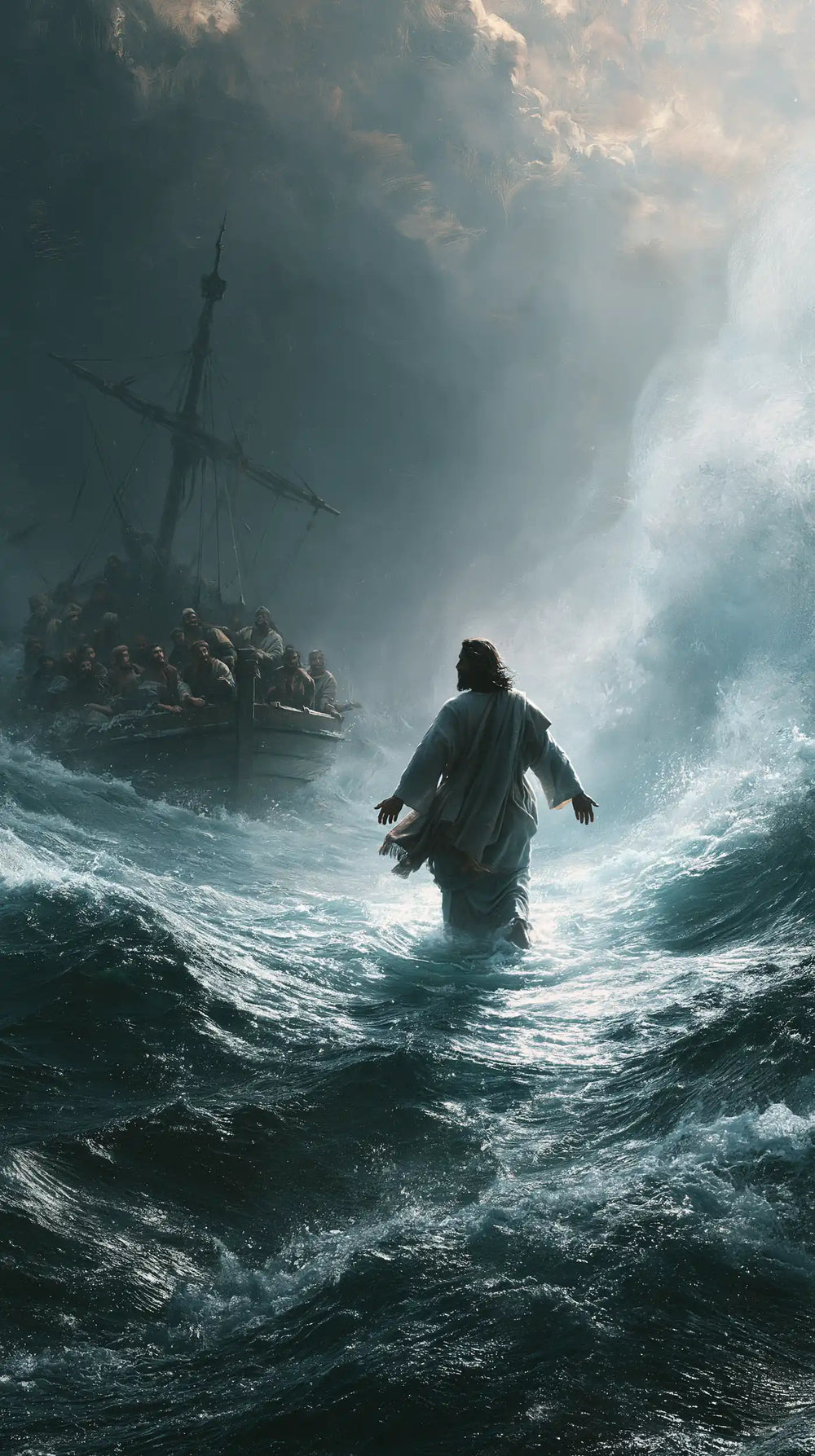 Jesus walking on water in Explosion of Movement style, portrait Christian artwork no. 25