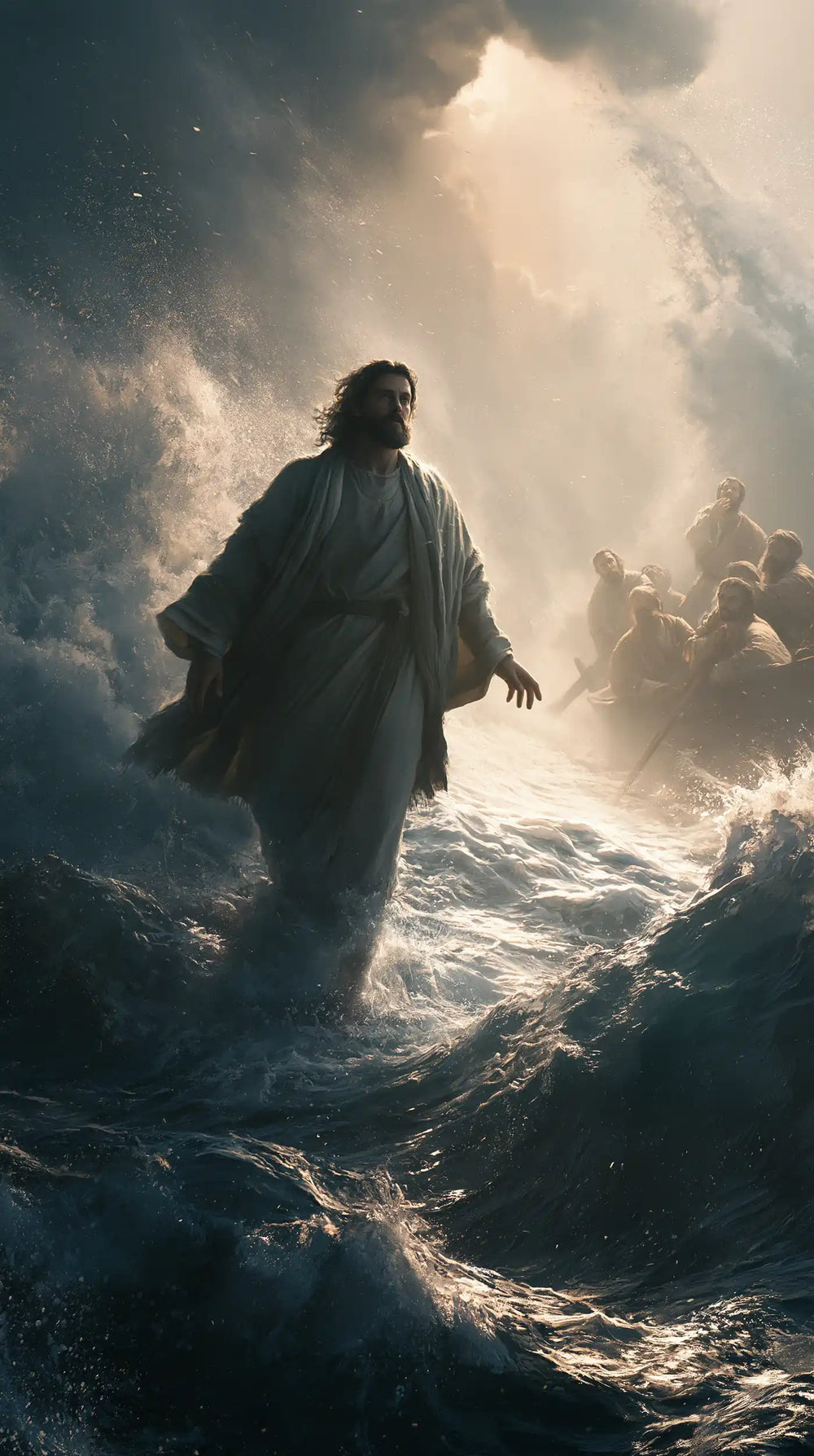 Jesus walking on water in Explosion of Movement style, portrait Christian artwork no. 28