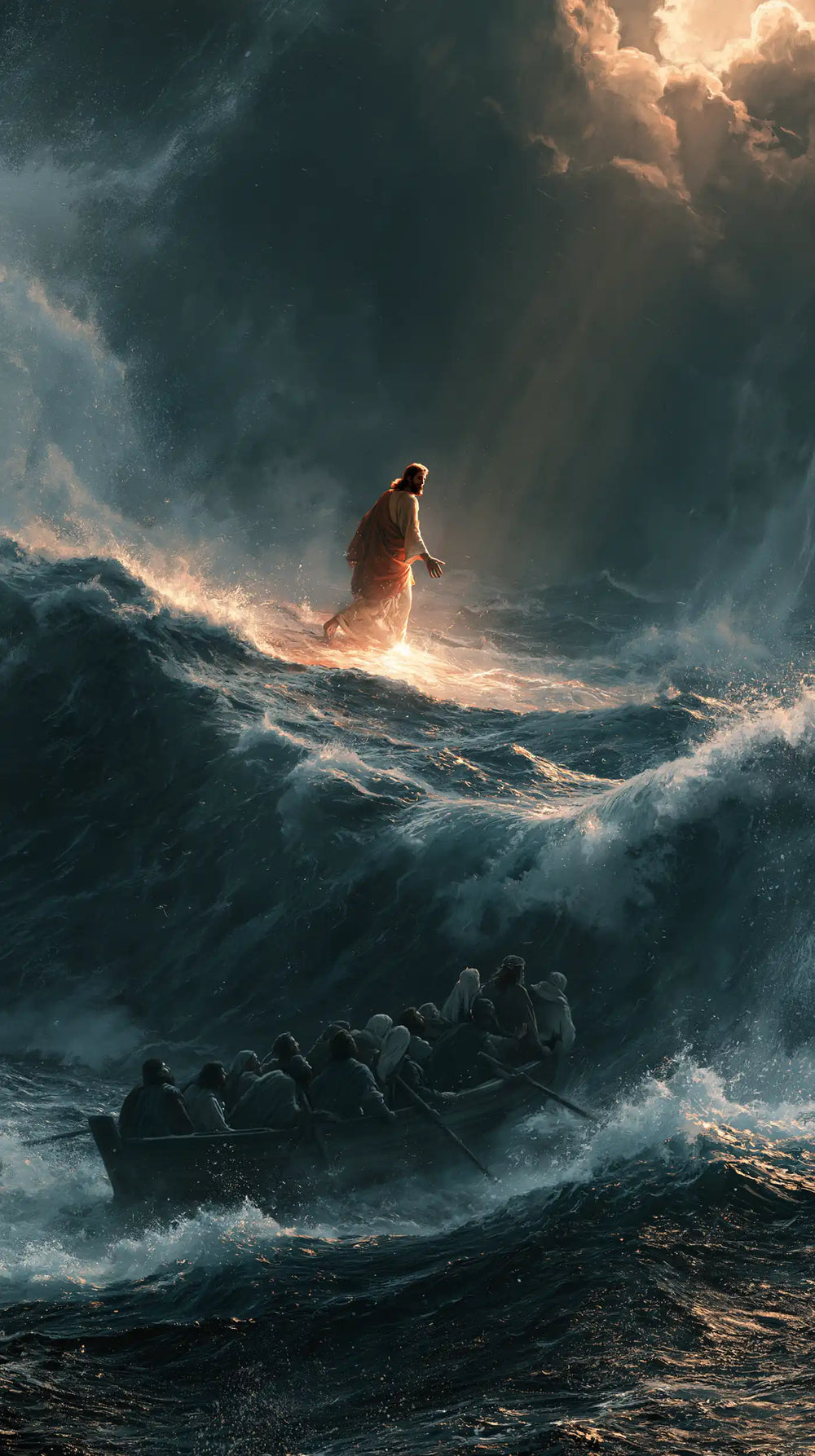 Jesus walking on water in Explosion of Movement style, portrait Christian artwork no. 29