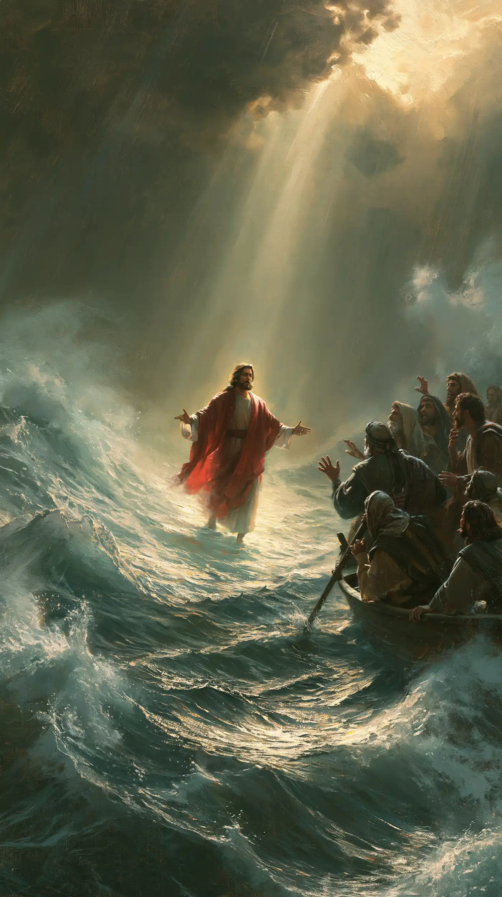 Jesus walking on water in Explosion of Movement style, portrait Christian artwork no. 32