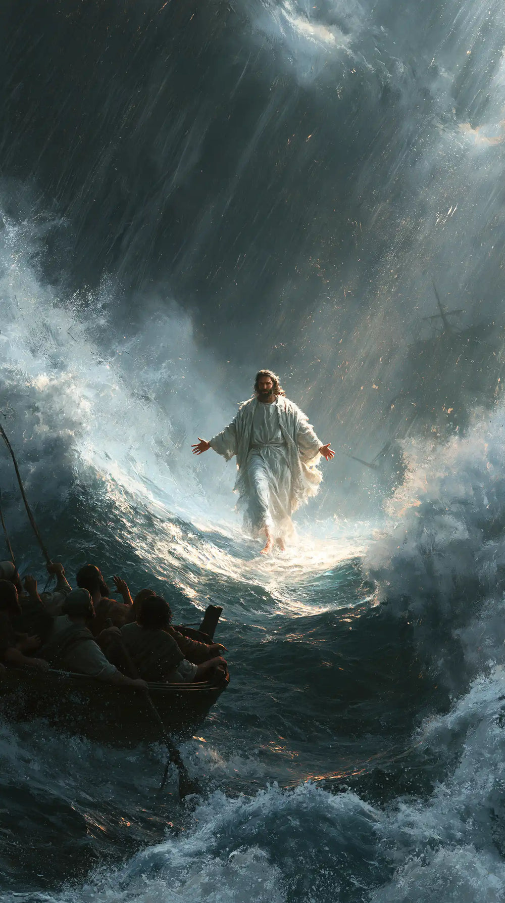 Jesus walking on water in Explosion of Movement style, portrait Christian artwork no. 33