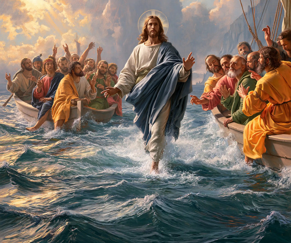 Jesus walking on water in Florentine Renaissance style, landscape Christian artwork no. 1