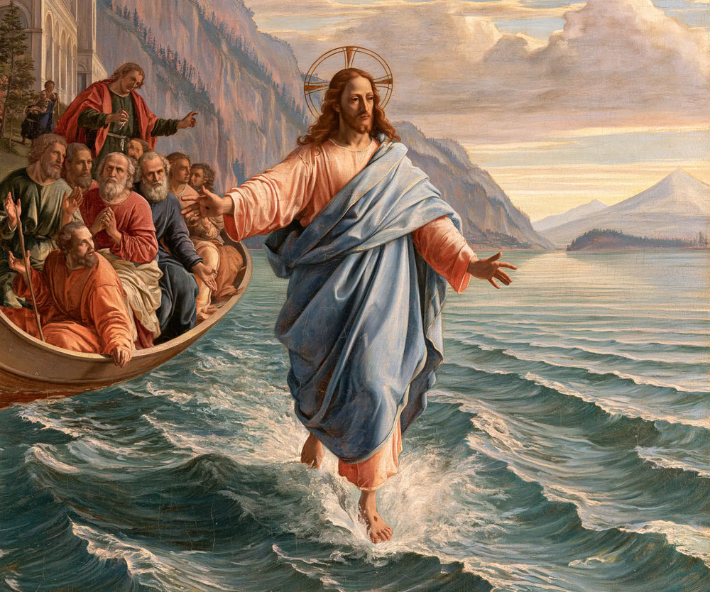 Jesus walking on water in Florentine Renaissance style, landscape Christian artwork no. 2