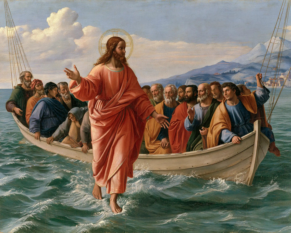 Jesus walking on water in Florentine Renaissance style, landscape Christian artwork no. 10
