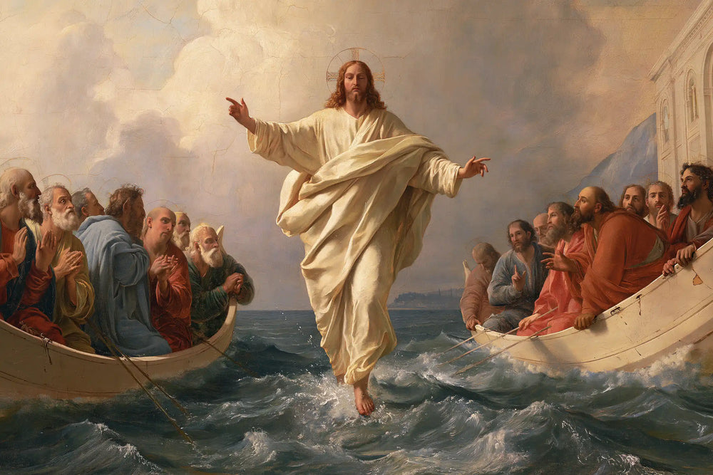 Jesus walking on water in Florentine Renaissance style, landscape Christian artwork no. 12