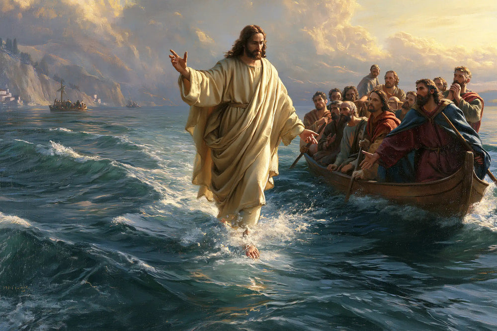 Jesus walking on water in Florentine Renaissance style, landscape Christian artwork no. 14