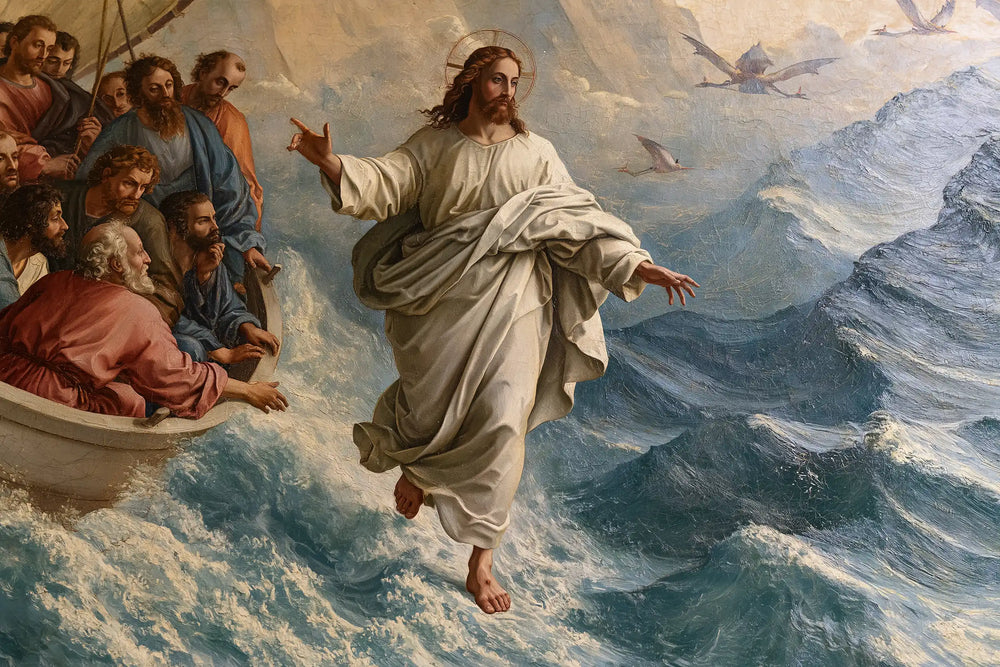 Jesus walking on water in Florentine Renaissance style, landscape Christian artwork no. 16