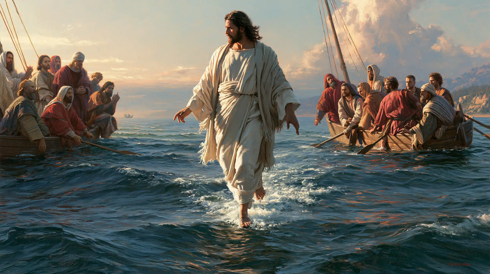 Jesus walking on water in Florentine Renaissance style, landscape Christian artwork no. 21