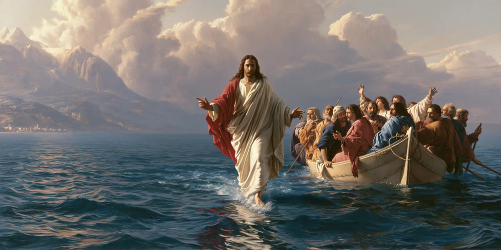 Jesus walking on water in Florentine Renaissance style, landscape Christian artwork no. 24