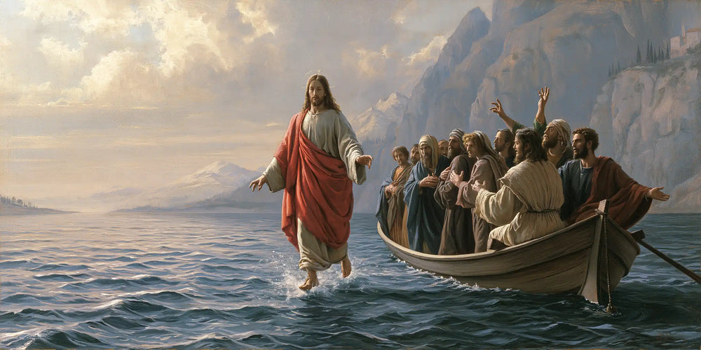 Jesus walking on water in Florentine Renaissance style, landscape Christian artwork no. 29